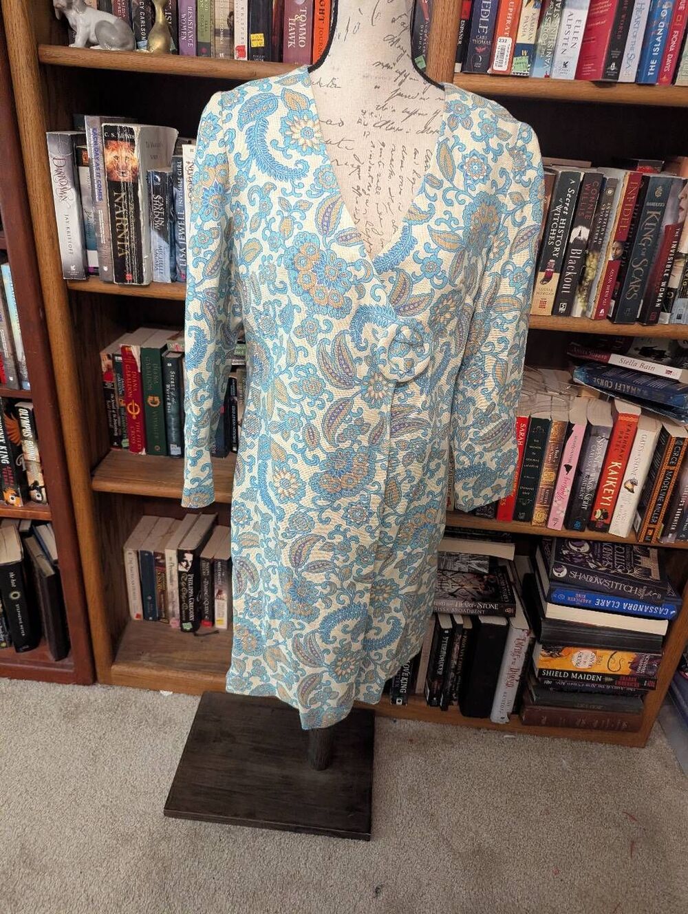 Vintage 60s Blue White Paisley Mod Shift Midi Dress Size M/L Long Sleeve